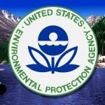 USA - 2001:  2 col. x 3.25 inches/108x83 mm/368x281 pixels Kurt Strazdins color illustration of the Environmental Protection Agency logo over a background photo of blue sky, mountain and lake. (MCT via Getty Images)